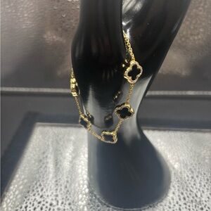 Gold & Black Sterling Silver Onyx & Cz Flower Both Sides .